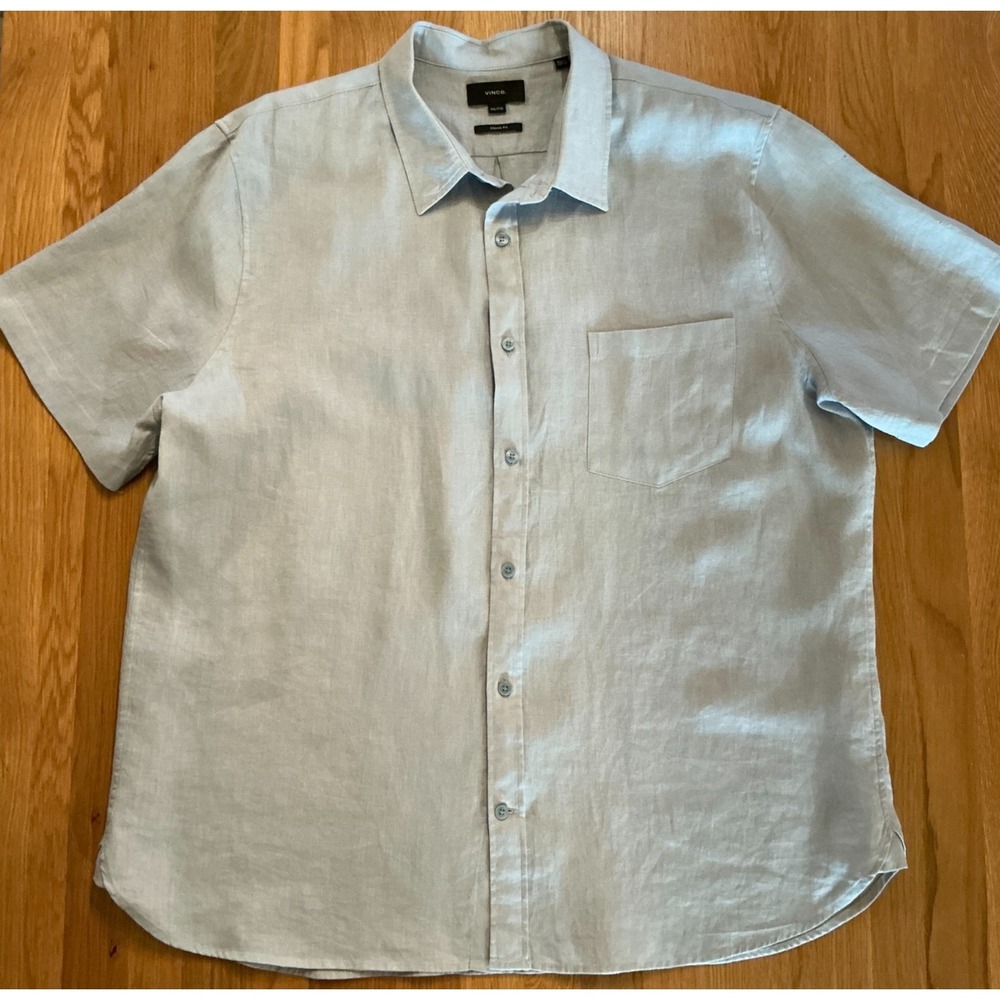 Vince 100% Linen Short Sleeve Button Up Shirt XXL Light Blue Classic Fit Minimal
